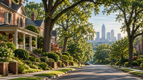 Older brick homes on a tree lined street near Charlotte, NC with the skyline in the distance