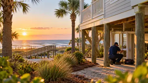 Plumber working under a raised coastal home near Myrtle Beach at sunrise