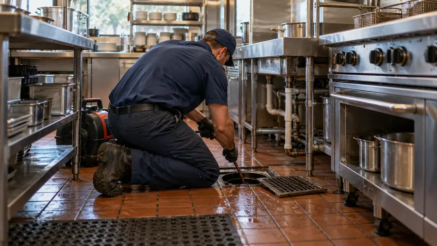 Plumber working on a floor drain in a commercial restaurant kitchen