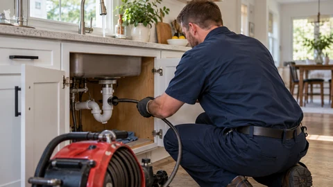 Plumber clearing a clogged kitchen drain with a drain machine
