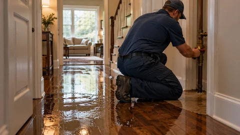 Plumber shutting off the main water valve after a burst pipe floods a hallway