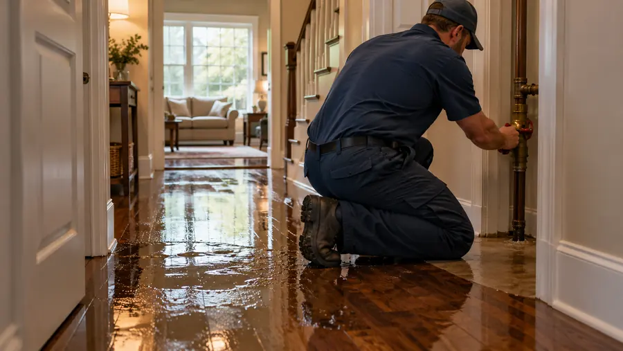 Plumber shutting off water after a leak floods a wood floor in a Carolinas home, Garner NC