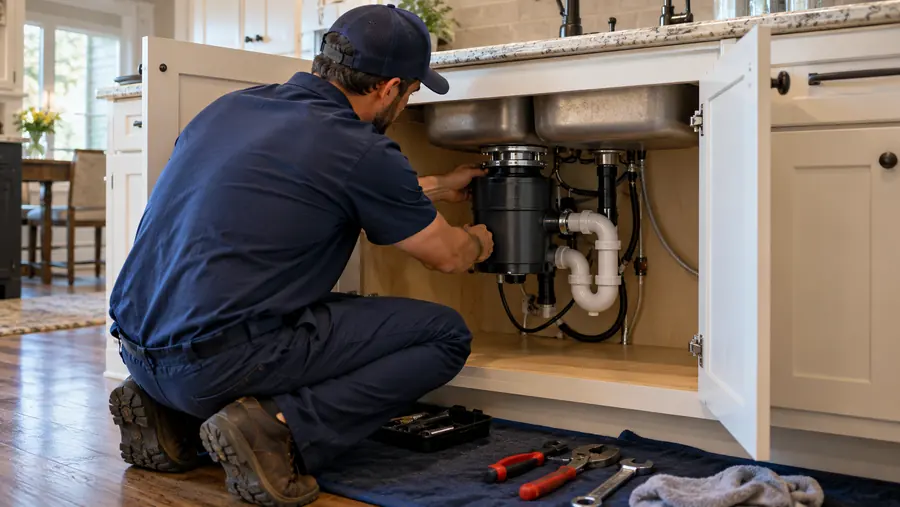 Plumber installing a garbage disposal under a kitchen sink