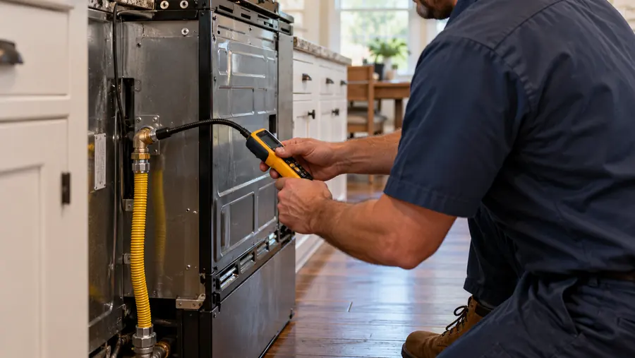 Plumber testing a gas line connection behind a kitchen range