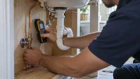 Plumber using a leak detector on a copper supply line under a sink