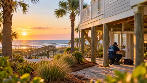 Plumber at a raised coastal home near the beach in Myrtle Beach, SC at sunrise