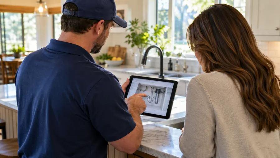Plumber explaining a repair plan to a homeowner in a North Carolina kitchen