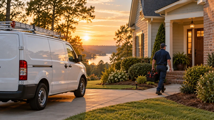 Plumber walking to a North Carolina home with a service van in the driveway