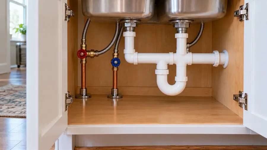 After: new shutoff valves installed and leak stopped, illustration