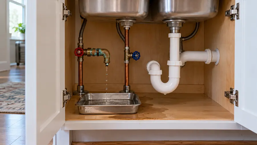 Before: corroded shutoff valve leaking under a sink, illustration