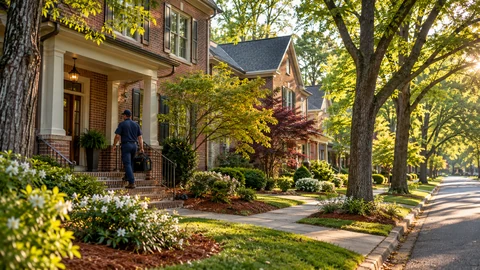 Plumber walking to a brick home on a quiet tree lined street in North Carolina at golden hour