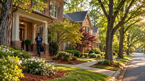 Plumber walking to a brick home on a tree lined street in the Raleigh and Durham area