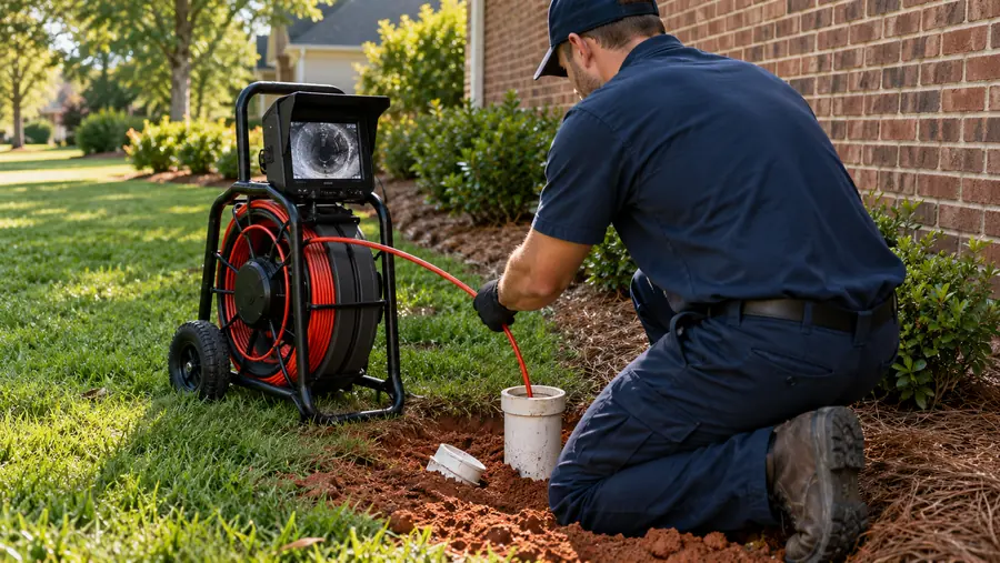 Plumber lowering a sewer inspection camera into a yard cleanout in North Carolina