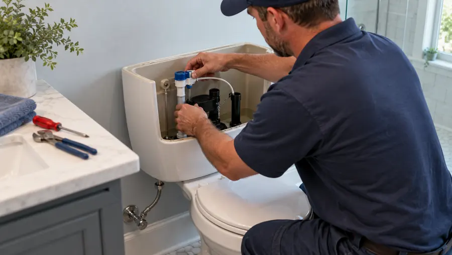 Plumber repairing a toilet fill valve in a bathroom, Charlotte NC