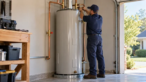 Plumber installing a tank water heater in a home garage