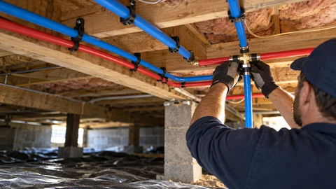 Plumber installing new red and blue PEX supply pipes in a crawl space